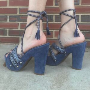 Retro Denim Blue Leather Braid Tassel Platform Heel